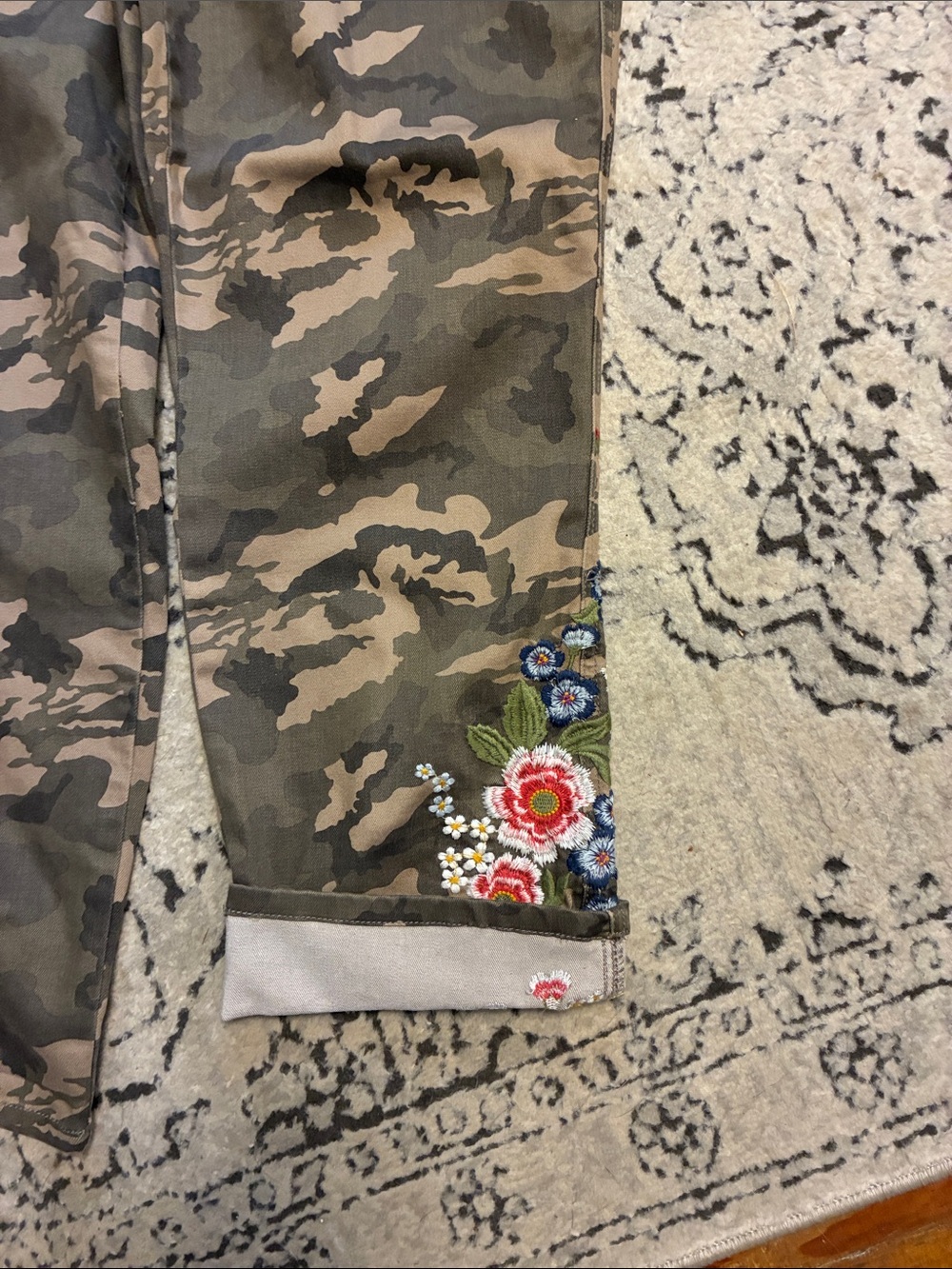 Laurie Felt Green Brown Camo Crop Pants with Floral Embroidery - Picture 2 of 9